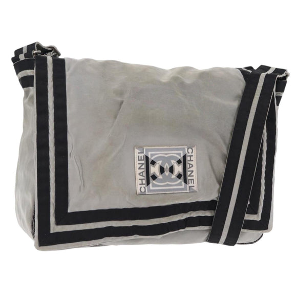 CHANEL Chanel Sports Messenger Bag Nylon Silver CC Auth bs37405