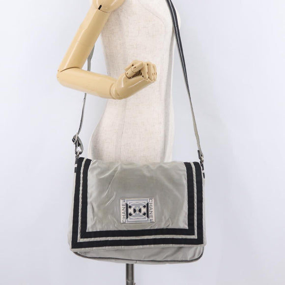 CHANEL Chanel Sports Messenger Bag Nylon Silver CC Auth bs37405