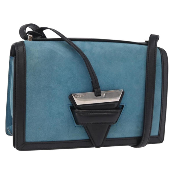 LOEWE Barcelona Shoulder Bag Suede Blue Silver Auth bs37409A