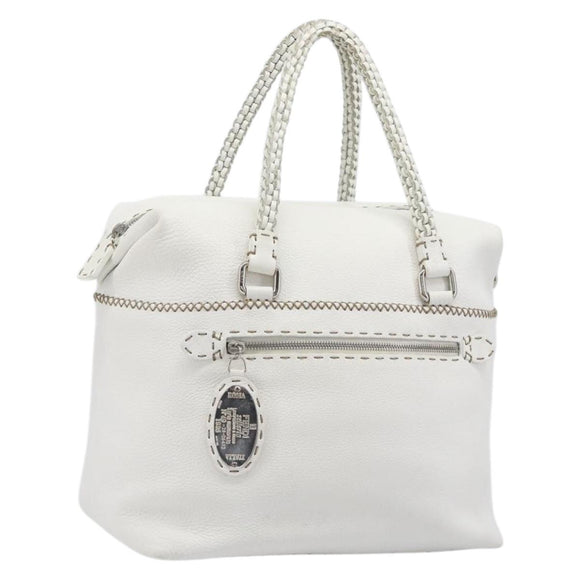 FENDI Celeria Tote Bag Leather White Silver Auth bs37416V