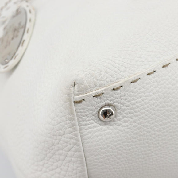 FENDI Celeria Tote Bag Leather White Silver Auth bs37416V