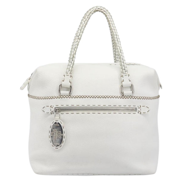 FENDI Celeria Tote Bag Leather White Silver Auth bs37416V