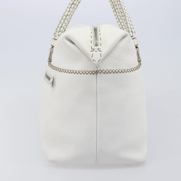 FENDI Celeria Tote Bag Leather White Silver Auth bs37416V