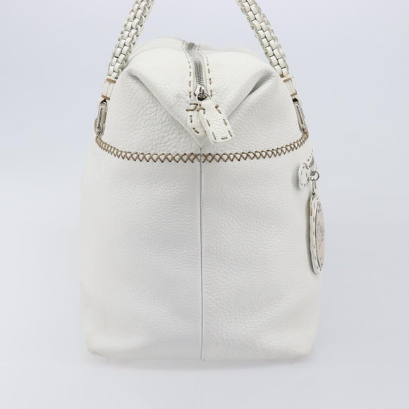 FENDI Celeria Tote Bag Leather White Silver Auth bs37416V