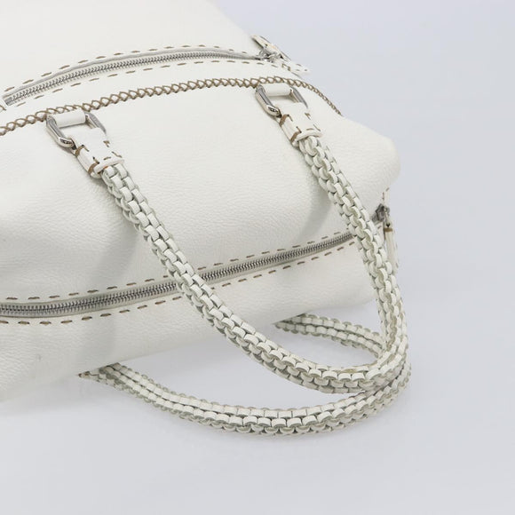 FENDI Celeria Tote Bag Leather White Silver Auth bs37416V