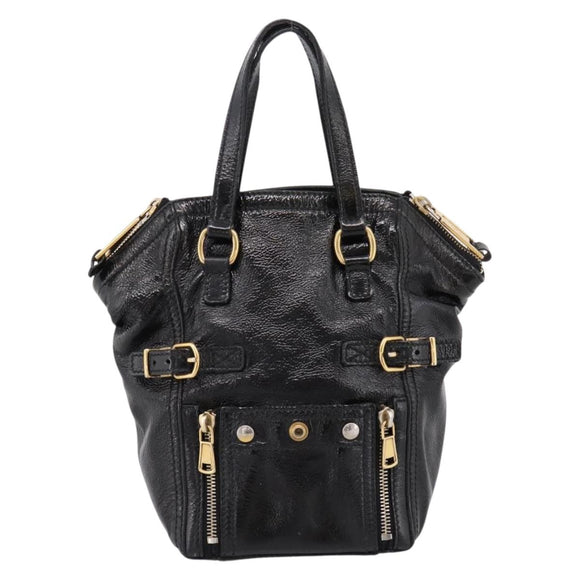 SAINT LAURENT Downtown Tote Bag Patent Leather Black Gold Auth bs37430A