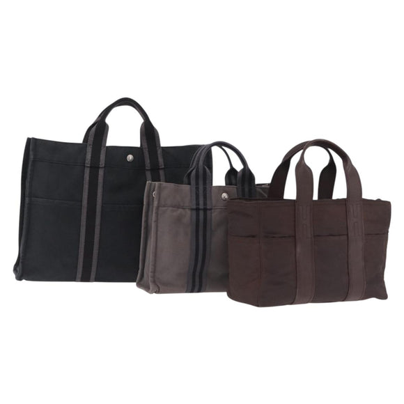 HERMES Hand Bag Cotton Nylon 3 Set Brown Gray Auth bs37446