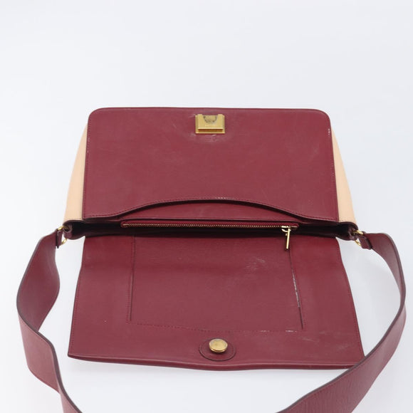 CELINE flame Shoulder Bag Leather Beige Wine Red Auth bs37453