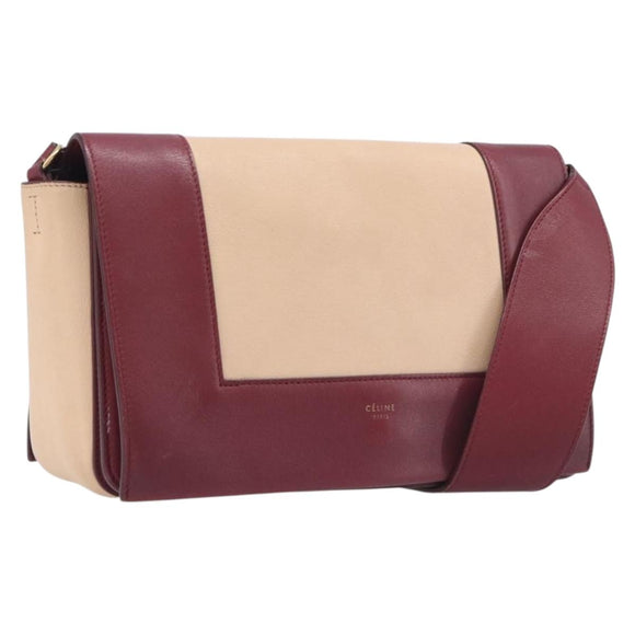 CELINE flame Shoulder Bag Leather Beige Wine Red Auth bs37453