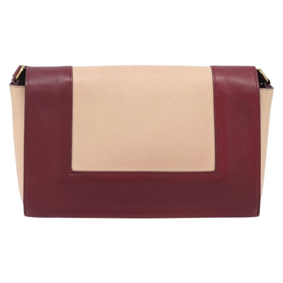 CELINE flame Shoulder Bag Leather Beige Wine Red Auth bs37453