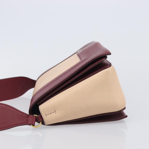 CELINE flame Shoulder Bag Leather Beige Wine Red Auth bs37453