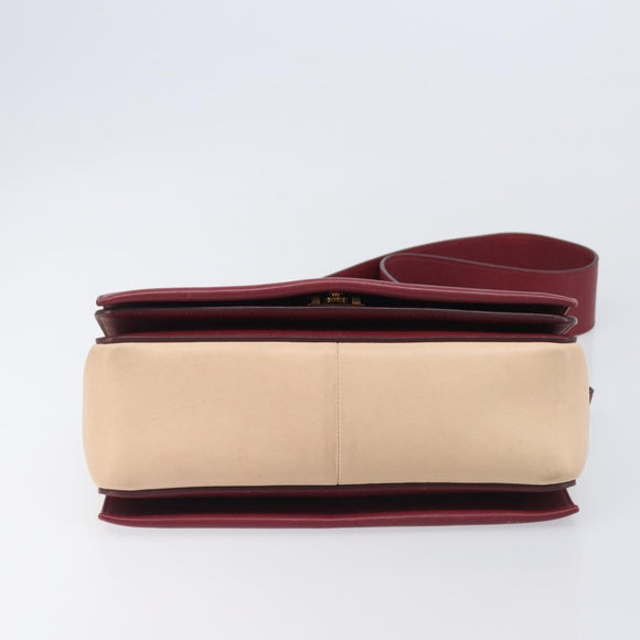 CELINE flame Shoulder Bag Leather Beige Wine Red Auth bs37453