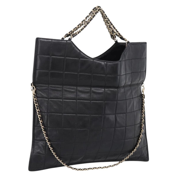CHANEL Choco Bar Chain Hand Bag Lamb Skin 2way Black Gold CC Auth bs37454