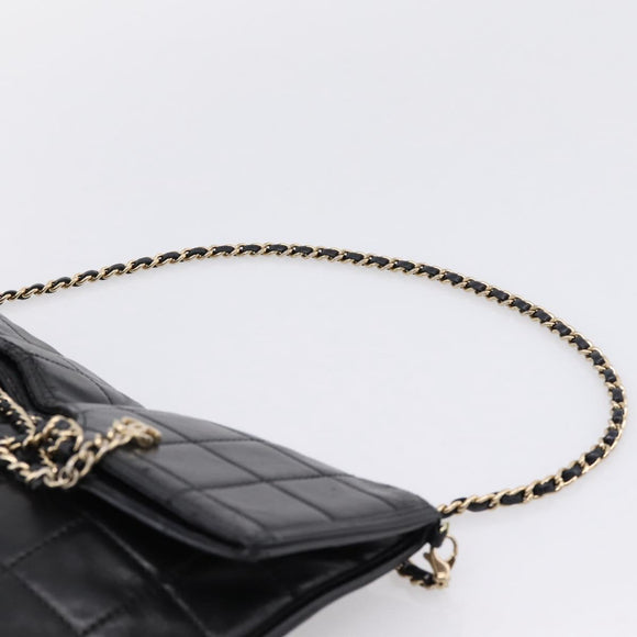 CHANEL Choco Bar Chain Hand Bag Lamb Skin 2way Black Gold CC Auth bs37454