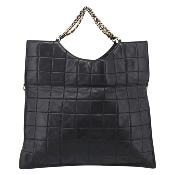 CHANEL Choco Bar Chain Hand Bag Lamb Skin 2way Black Gold CC Auth bs37454