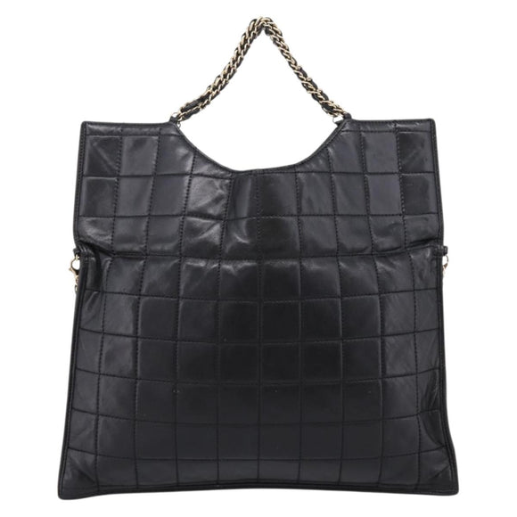 CHANEL Choco Bar Chain Hand Bag Lamb Skin 2way Black Gold CC Auth bs37454