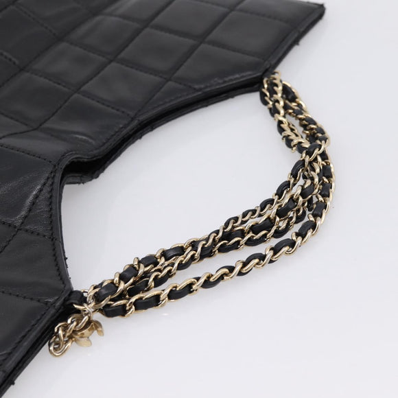 CHANEL Choco Bar Chain Hand Bag Lamb Skin 2way Black Gold CC Auth bs37454