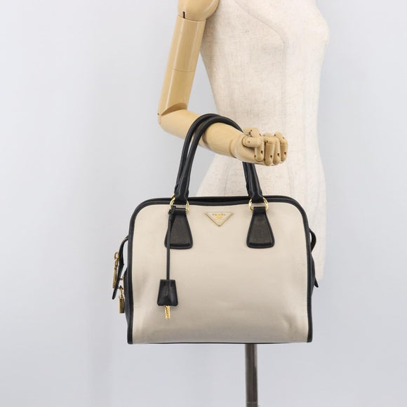 PRADA Hand Bag Safiano Leather White Gold Auth bs37455A