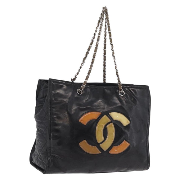CHANEL Matelasse Chain Shoulder Bag Patent Leather Black Silver CC Auth bs37473