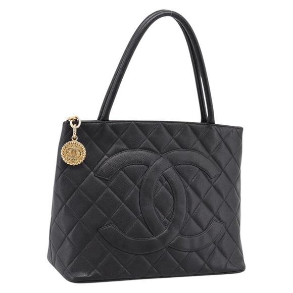 CHANEL Standard Tote Bag Caviar Skin Black Gold CC Auth bs37474