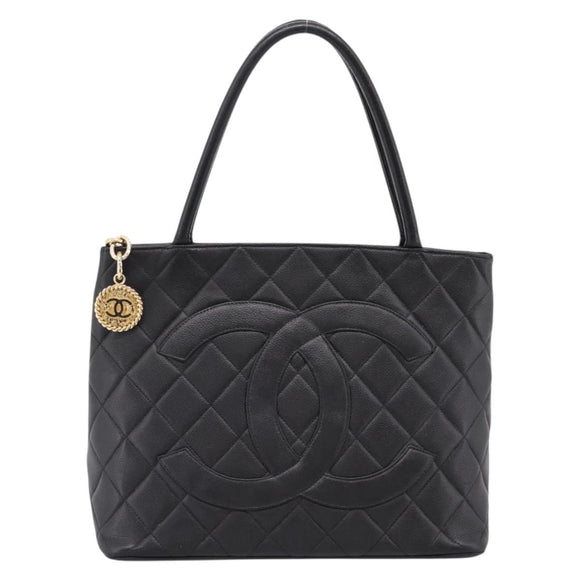 CHANEL Standard Tote Bag Caviar Skin Black Gold CC Auth bs37474