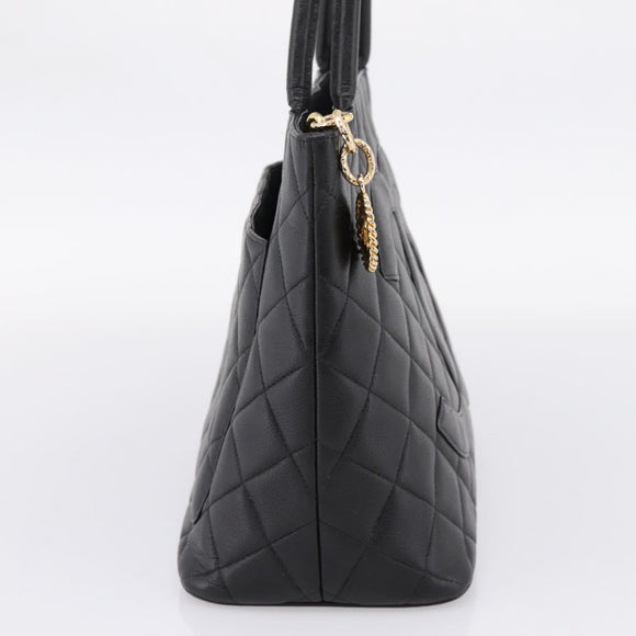 CHANEL Standard Tote Bag Caviar Skin Black Gold CC Auth bs37474