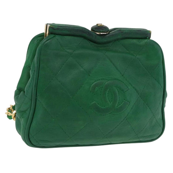 CHANEL Matelasse Chain Shoulder Bag Lamb Skin Green Gold CC Auth bs37476