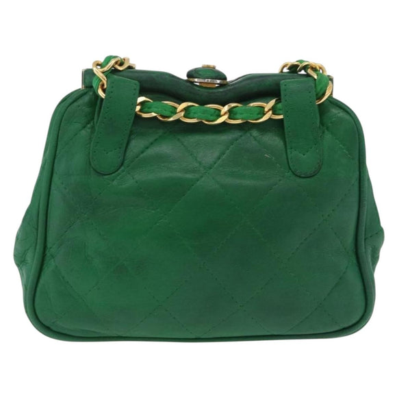 CHANEL Matelasse Chain Shoulder Bag Lamb Skin Green Gold CC Auth bs37476