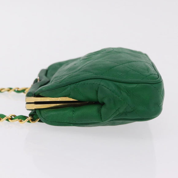 CHANEL Matelasse Chain Shoulder Bag Lamb Skin Green Gold CC Auth bs37476