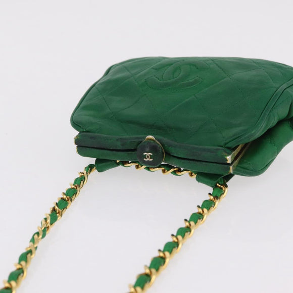 CHANEL Matelasse Chain Shoulder Bag Lamb Skin Green Gold CC Auth bs37476