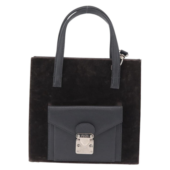 FENDI Hand Bag Velor 2way Navy Silver Auth bs37478