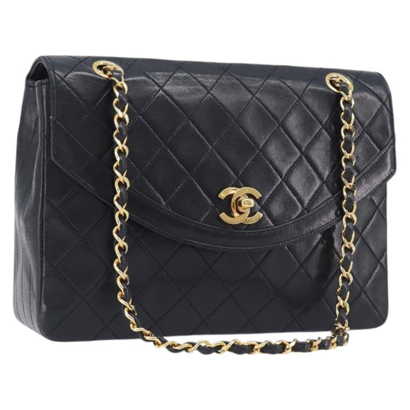 CHANEL Matelasse Chain Shoulder Bag Lamb Skin Black Gold CC Auth bs37481A