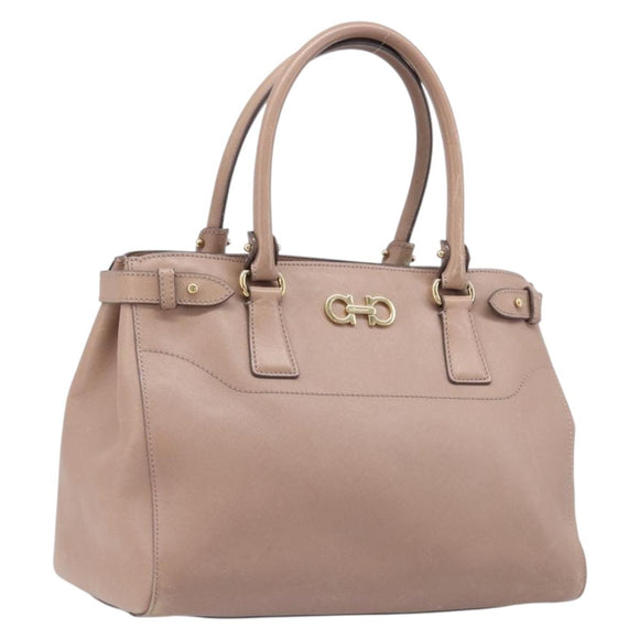 Salvatore Ferragamo Gancini Hand Bag Leather Beige Gold Auth bs37485
