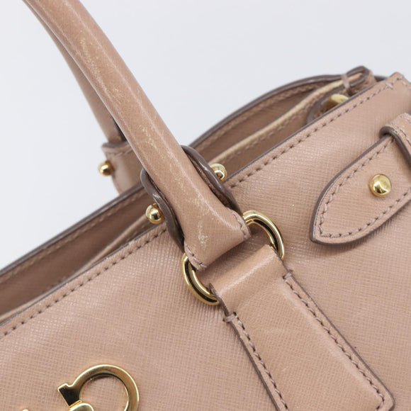 Salvatore Ferragamo Gancini Hand Bag Leather Beige Gold Auth bs37485