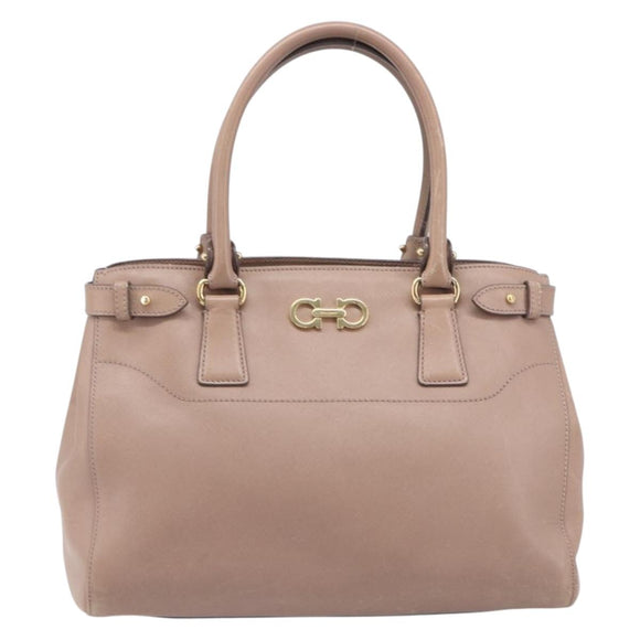 Salvatore Ferragamo Gancini Hand Bag Leather Beige Gold Auth bs37485