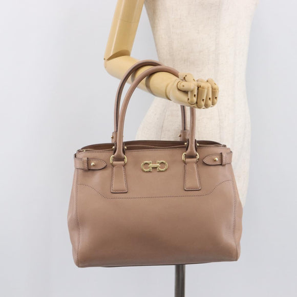 Salvatore Ferragamo Gancini Hand Bag Leather Beige Gold Auth bs37485