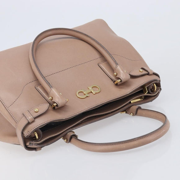 Salvatore Ferragamo Gancini Hand Bag Leather Beige Gold Auth bs37485