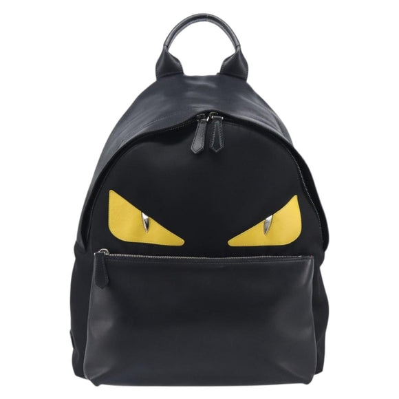 FENDI Monster Backpack Leather Nylon Black Silver Auth bs37498