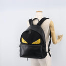 FENDI Monster Backpack Leather Nylon Black Silver Auth bs37498-30