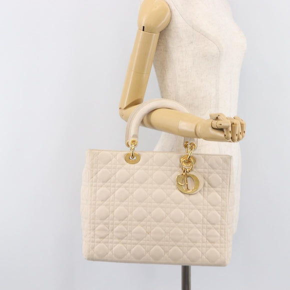 Christian Dior Canage Hand Bag Leather White Gold Auth bs37499