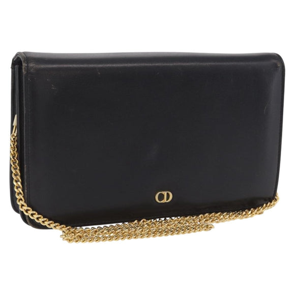 Christian Dior Chain Shoulder Bag Leather Black Gold Auth bs37500