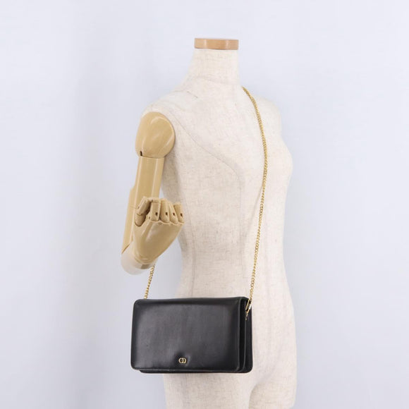 Christian Dior Chain Shoulder Bag Leather Black Gold Auth bs37500