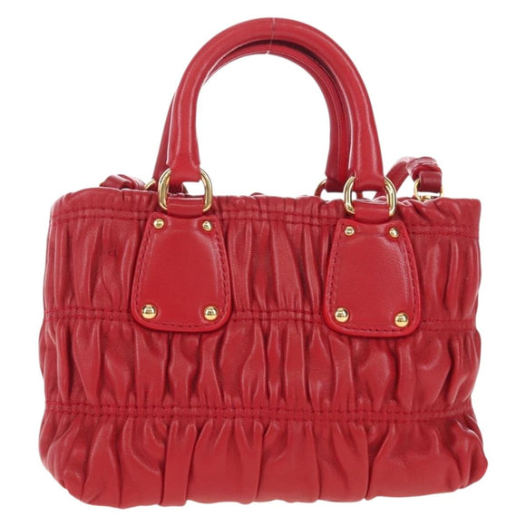 PRADA Hand Bag Leather 2way Red Gold Auth bs37504V
