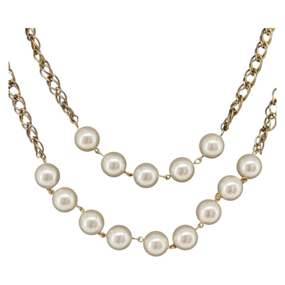 CHANEL Pearl Necklace Metal Gold Tone White CC Auth bs37529V