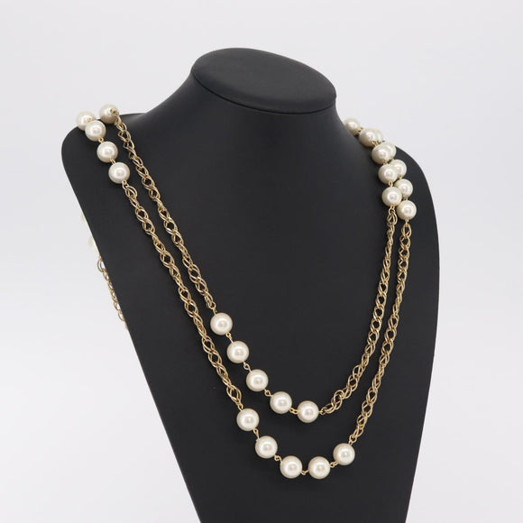 CHANEL Pearl Necklace Metal Gold Tone White CC Auth bs37529V