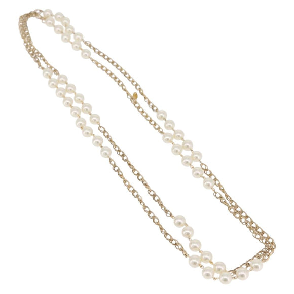 CHANEL Pearl Necklace Metal Gold Tone White CC Auth bs37529V