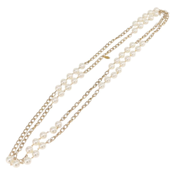 CHANEL Pearl Necklace Metal Gold Tone White CC Auth bs37529V