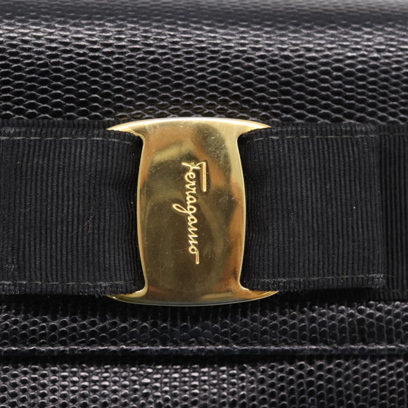 Salvatore Ferragamo Vala Chain Bag Leather Embossed Black Gold Auth bs37541