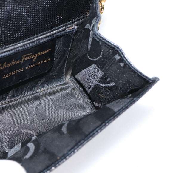 Salvatore Ferragamo Vala Chain Bag Leather Embossed Black Gold Auth bs37541