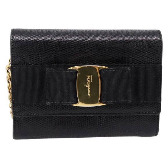 Salvatore Ferragamo Vala Chain Bag Leather Embossed Black Gold Auth bs37541